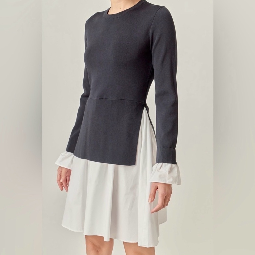 English Factory Poplin Combo Knit Dress Sweater Shirt Black White Long Sleeve: L